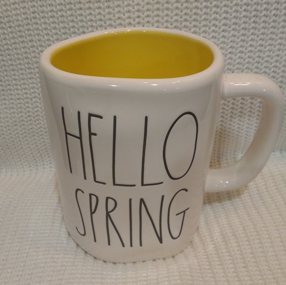 White Rae Dunn Coffee MUG Black Hello Spring yellow inside